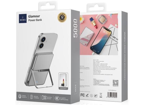 WiWU Wi-P034 5000mAh Ultra Slim Portable Power Bank with 15W Output Multiple Functions Foldable Stand Back Mirror Wireless Charging - Silver